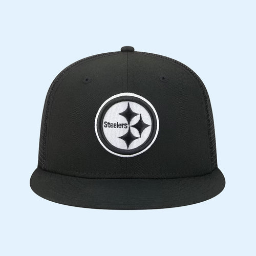 Pittsburgh Steelers Merch 2026 Steelers New Era Black White Snapback Trucker Hat Embroidered