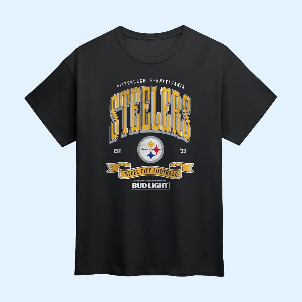 Pittsburgh Steelers Merch 2026 Pittsburgh Steelers Black Bud Light T-Shirt Football Themed Gift