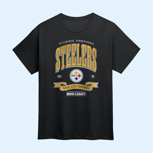Pittsburgh Steelers Merch 2026 Pittsburgh Steelers Black Bud Light T-Shirt Football Themed Gift