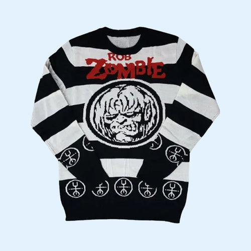 Rob Zombie Merch 2026 Rob Zombie Signature Zombie Head Stripe Christmas Ugly Sweater Xmas Gifts