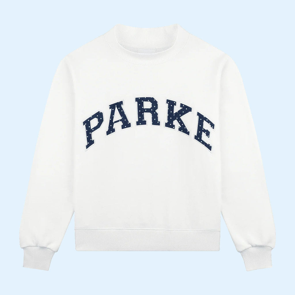 Parke Merch Polka Dot Letter Varsity Sweatshirt White 2026 Gift Ideas For Friends