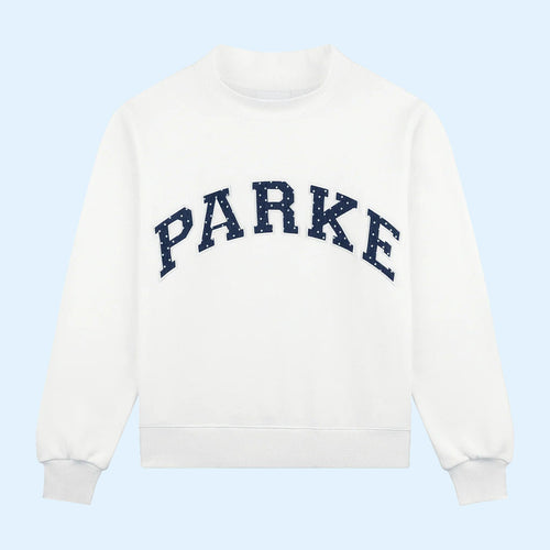 Parke Merch Polka Dot Letter Varsity Sweatshirt White 2026 Gift Ideas For Friends