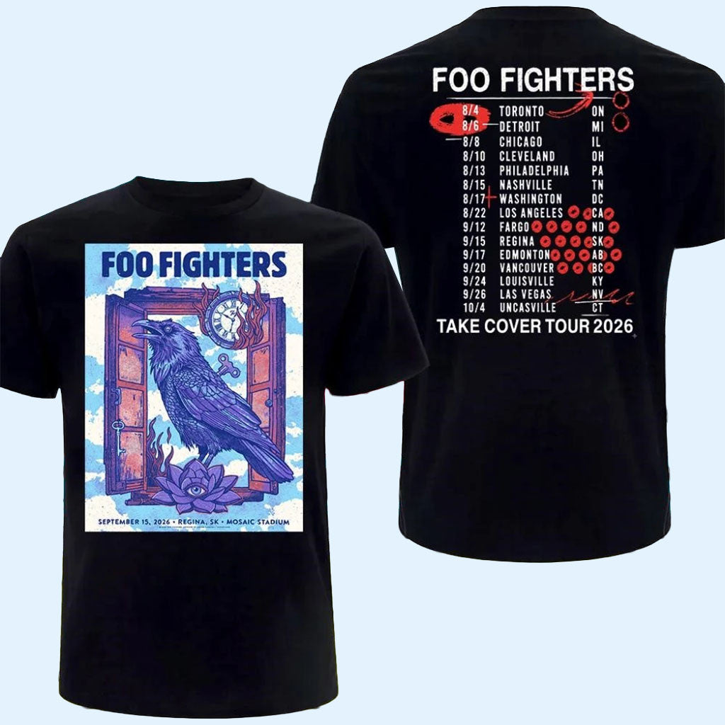 Foo Fighters Merch Take Cover Tour 2026 T-Shirt Purple Raven And Burning Clock Concert Shirt