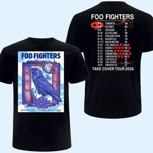 Foo Fighters Merch Take Cover Tour 2026 T-Shirt Purple Raven And Burning Clock Concert Shirt