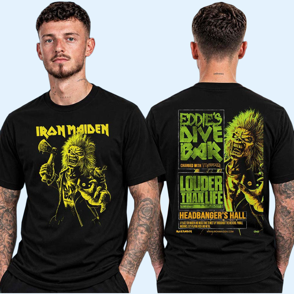 Iron Maiden Louder Than Life 2026 Eddie Dive Bar Charged With Trooper T-Shirt Iron Maiden Merch