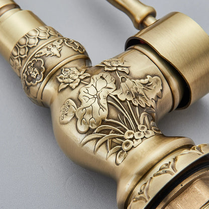 Carved Basin Faucet - Antique Brass Mixer - Vessel Sink Tap