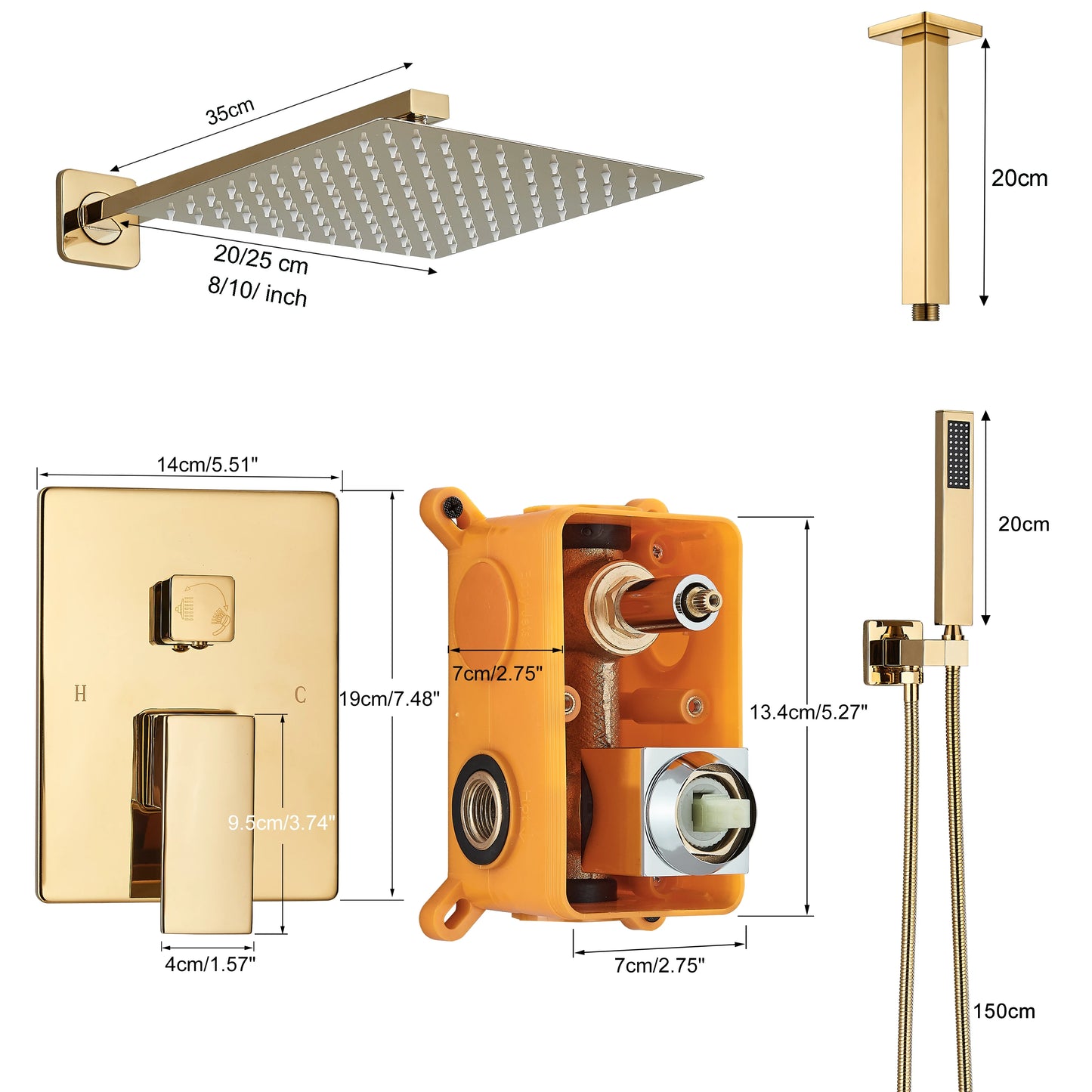 Aureum Rainfall Shower System - Gold Brass 2-Way Concealed Mixer