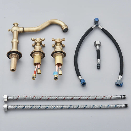 Widespread Bathroom Mixer - Antique Brass - Dual Handle Tap