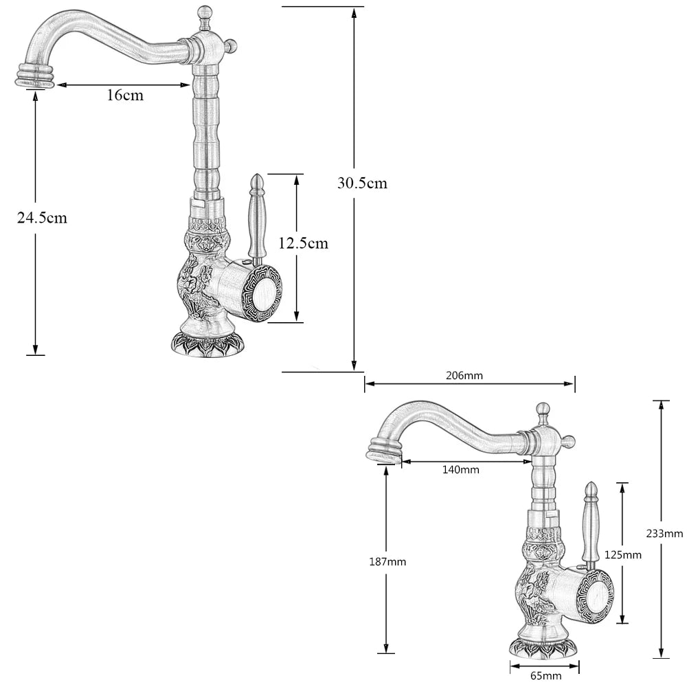Carved Basin Faucet - Antique Brass Mixer - Vessel Sink Tap
