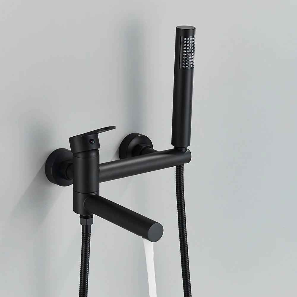Wall Mount Tub Faucet - Rotating Spout Mixer with Handshower