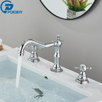 Widespread Bathroom Mixer - Antique Brass - Dual Handle Tap