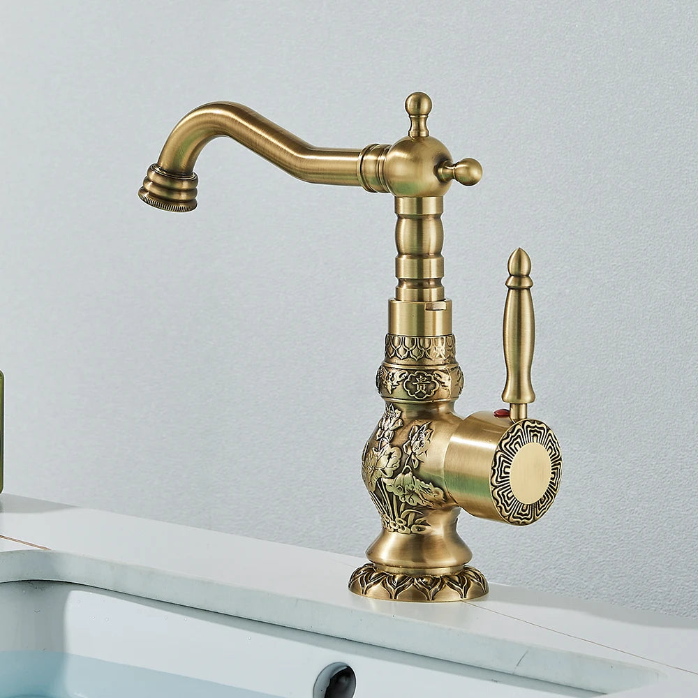 Carved Basin Faucet - Antique Brass Mixer - Vessel Sink Tap