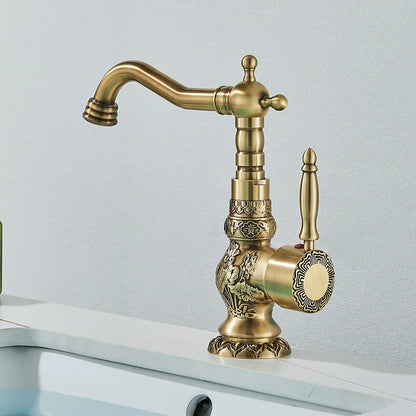 Carved Basin Faucet - Antique Brass Mixer - Vessel Sink Tap
