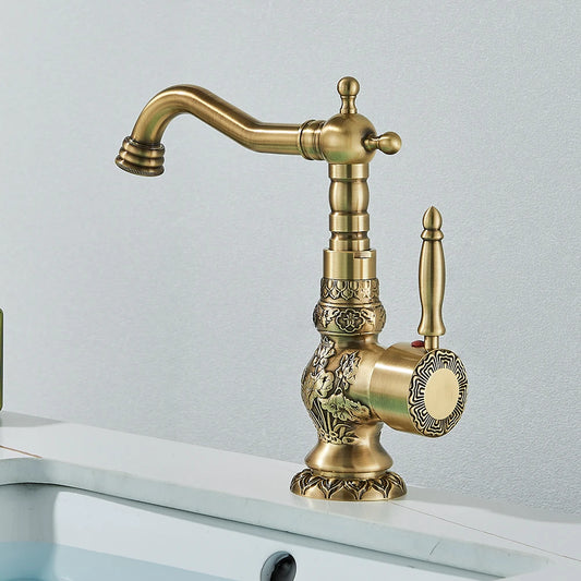 Carved Basin Faucet - Antique Brass Mixer - Vessel Sink Tap
