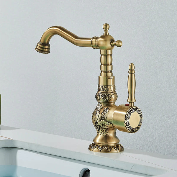 Carved Basin Faucet - Antique Brass Mixer - Vessel Sink Tap