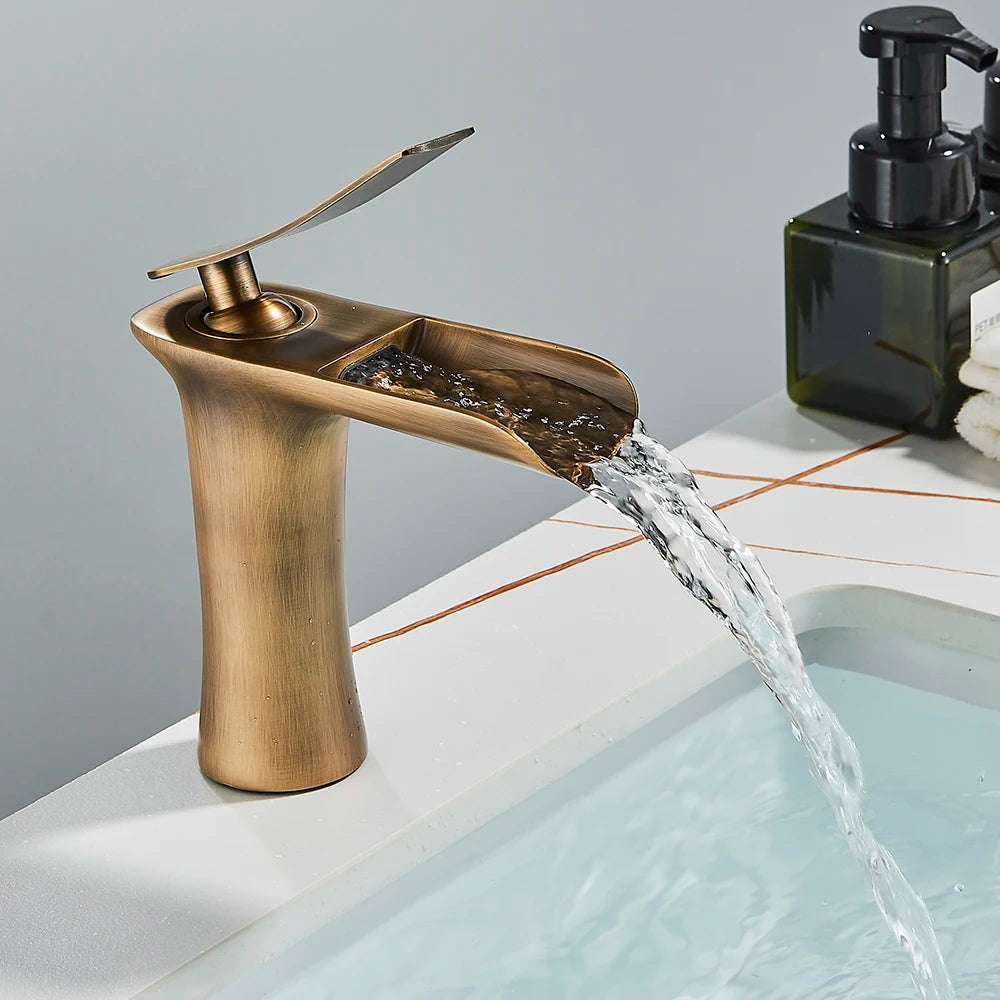 AquaFlow Waterfall Basin Mixer - Brass Deck Mount - Bathroom Faucet