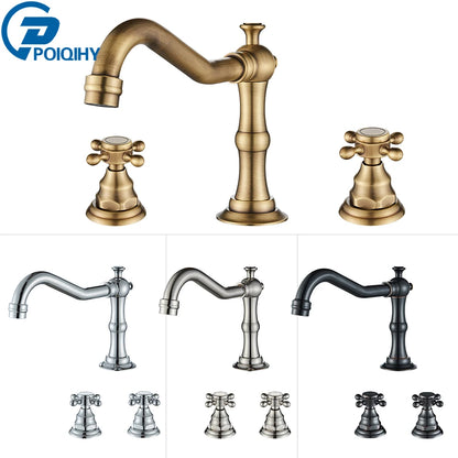 Widespread Bathroom Mixer - Antique Brass - Dual Handle Tap