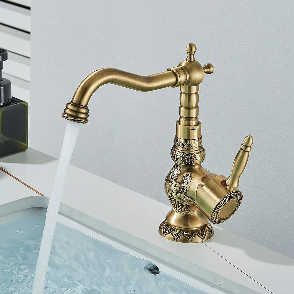 Carved Basin Faucet - Antique Brass Mixer - Vessel Sink Tap