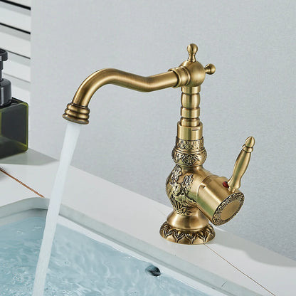 Carved Basin Faucet - Antique Brass Mixer - Vessel Sink Tap