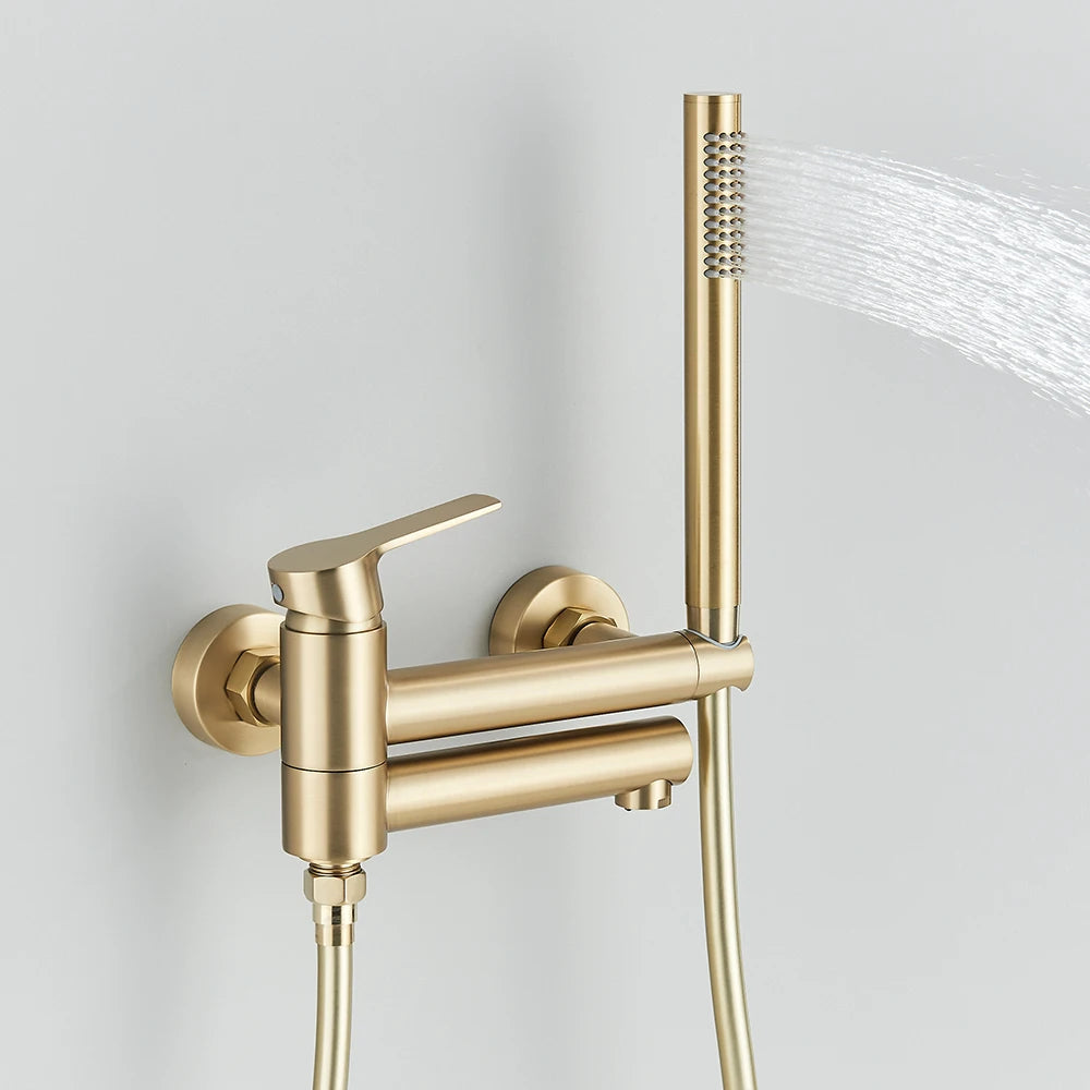Wall Mount Tub Faucet - Rotating Spout Mixer with Handshower